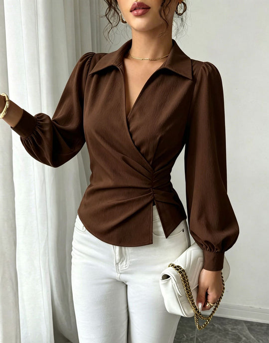 Damen Wickelbluse mit Taillenraffung, Hemdkragen und Ballonärmeln Shop Nory