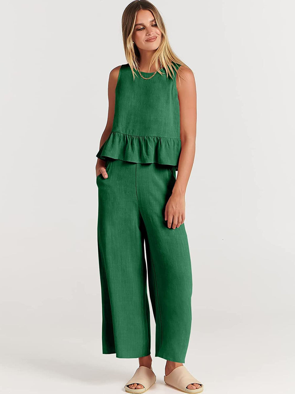 Damen Zweiteiler-Set mit schickem Peplum-Oberteil und weit geschnittenen Hosen