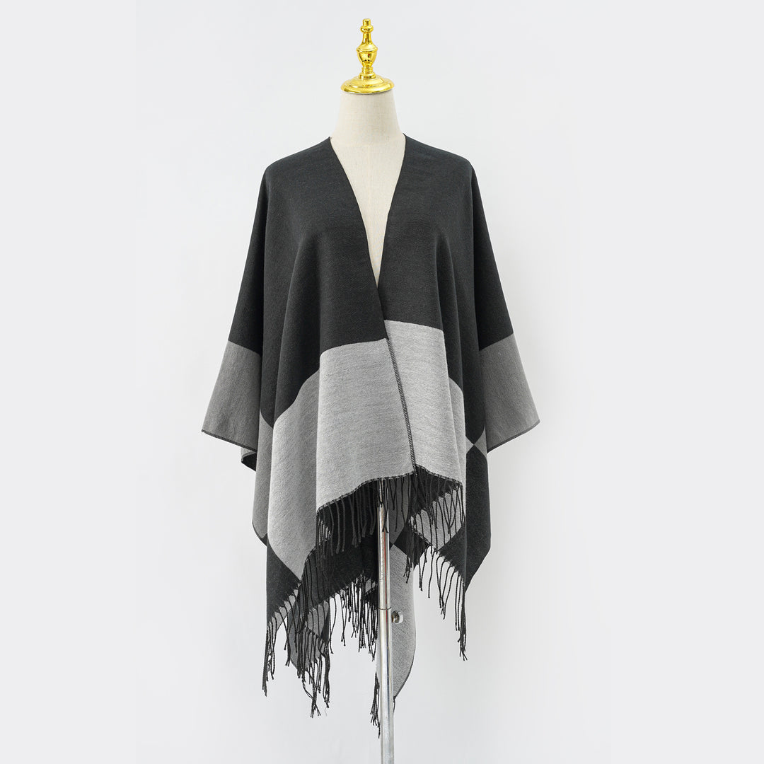 Damen Oversize-Ruana aus Wollmix mit Farbblock‑Design und Fransen Shop Nory
