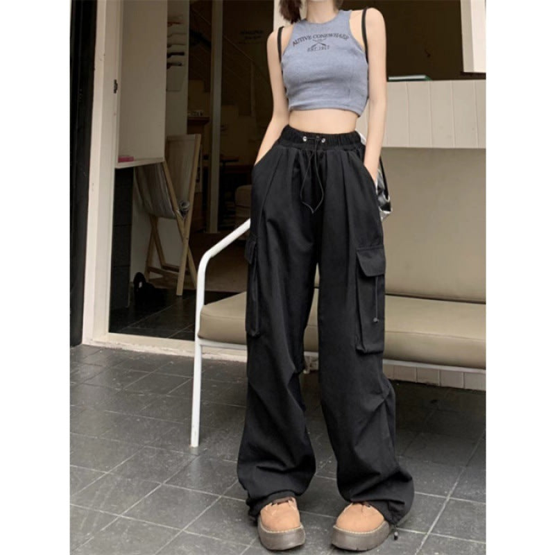 Damen nan Cargo-Hose mit hoher Taille, Elastikbund, großen Klappentaschen und Kordelzug Shop Nory