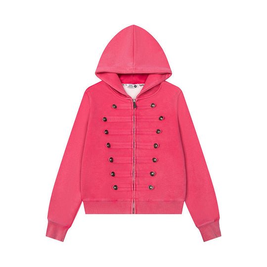 Damen Kapuzen-Sweatjacke mit militärischer Knopfverzierung und durchgehendem Reißverschluss Shop Nory