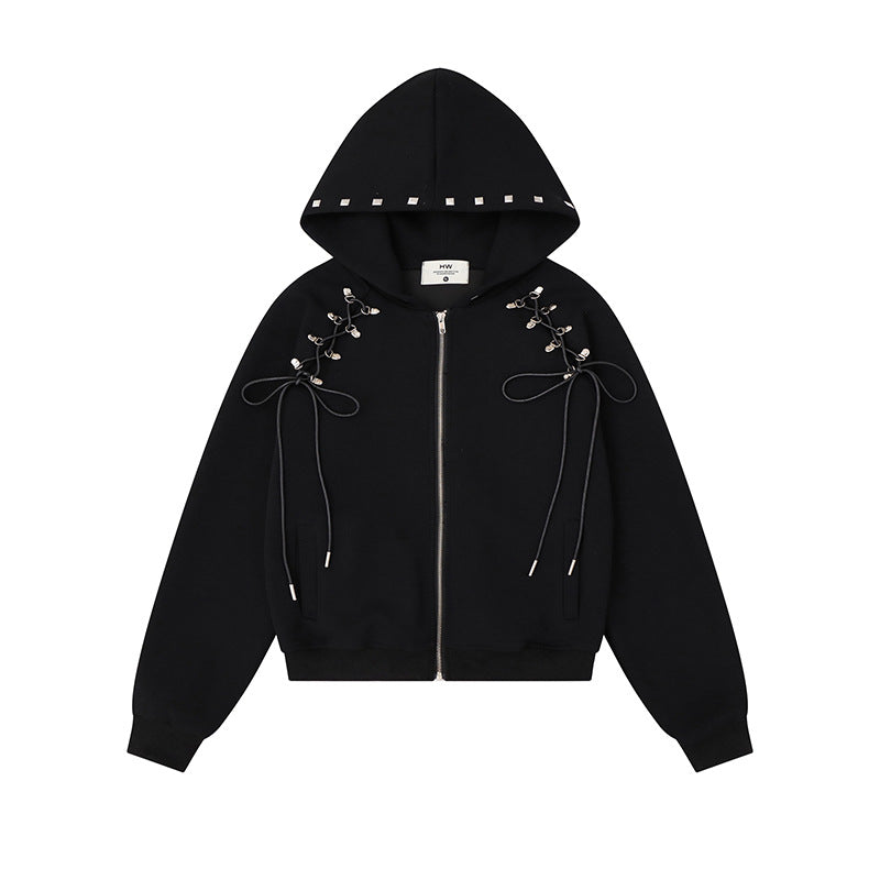 Damen Kapuzen-Sweatjacke mit Schnürungen, Metallösen und durchgehendem Reißverschluss Shop Nory