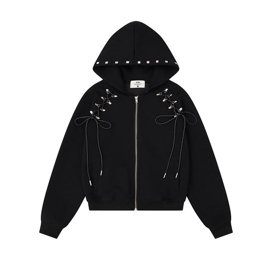 Damen Kapuzen-Sweatjacke mit Schnürungen, Metallösen und durchgehendem Reißverschluss Shop Nory