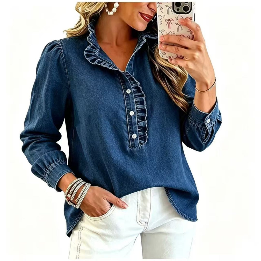 Damen Jeansbluse mit Rüschenkragen und Ballonärmeln Shop Nory