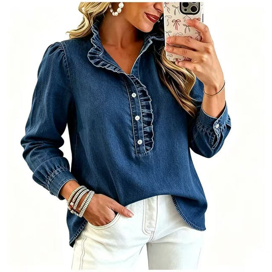 Damen Jeansbluse mit Rüschenkragen und Ballonärmeln Shop Nory