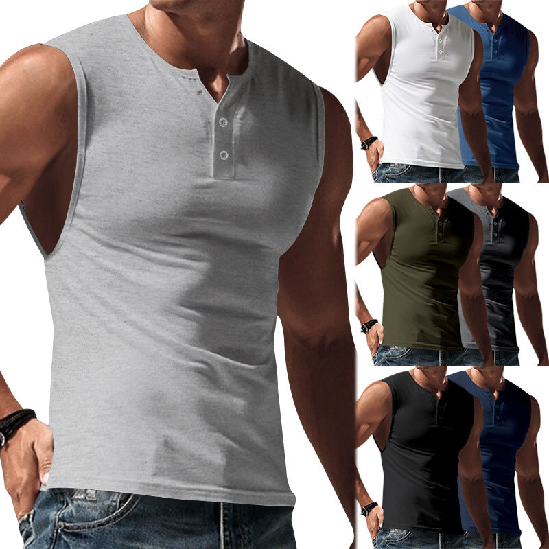 Herren nan ärmelloses Muskelshirt mit Henley-Knopfleiste, tiefem Armausschnitt und elastischem Baumwollmix