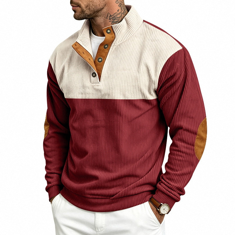Herren Strukturierter Troyer-Pullover mit Stehkragen, Druckknopfleiste und Ellbogen‑Patches Shop Nory