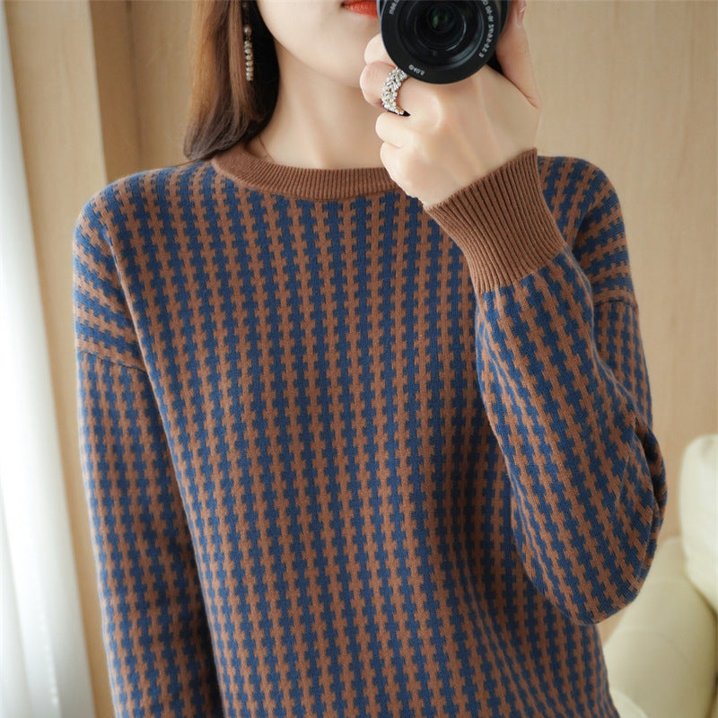 Damen Leichter Strukturstrick-Pullover mit Hahnentritt-Muster und breitem Rippbündchen Shop Nory