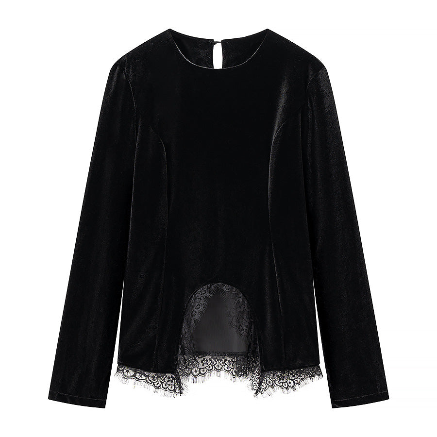 Damen Elegantes Samt-Longsleeve mit Spitzenbesatz und halbkreisförmigem Vorderschlitz Shop Nory