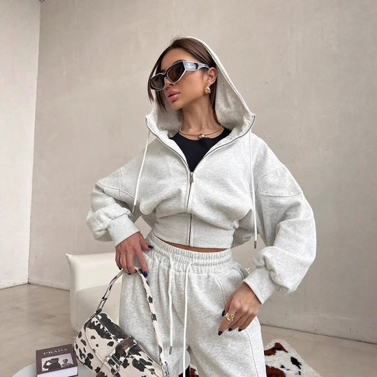 Damen kurzes Kapuzen-Sweatjacke mit Balloonärmeln und elastischer High-Waist Palazzo-Freizeithose Shop Nory