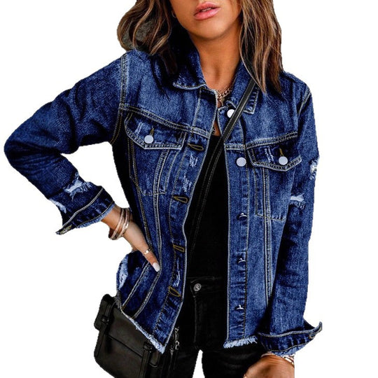 Damen Taillenbetonte Denim-Truckerjacke mit leichtem Destroyed-Effekt und Fransenbund Shop Nory