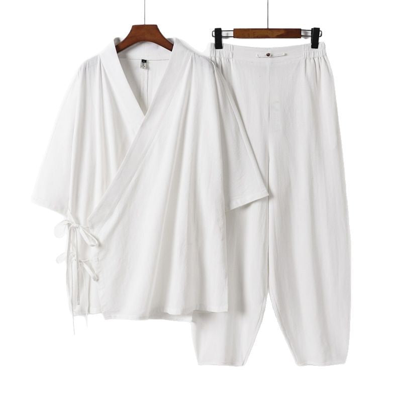 Unisex Leichtes Wickel-Lounge-Set im Kimono-Stil mit seitlichen Bindebändern und elastischer konisch zulaufender Hose Shop Nory