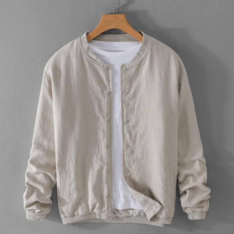 Herren Leichte Leinen-Bomberjacke mit Stehkragen und Druckknöpfen Shop Nory