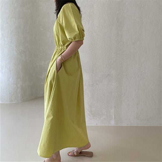 Damen Fließendes Baumwoll-Maxi-Sommerkleid mit elastischem Taillenbund, Puffärmeln und Eingrifftaschen Shop Nory