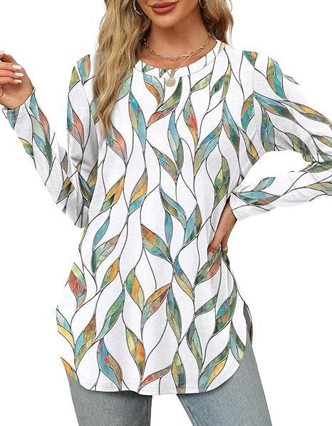 Damen Lässiges Longsleeve-Tunikaoberteil mit Rundhalsausschnitt, Seitenschlitzen und Aquarell-Blattprint Shop Nory