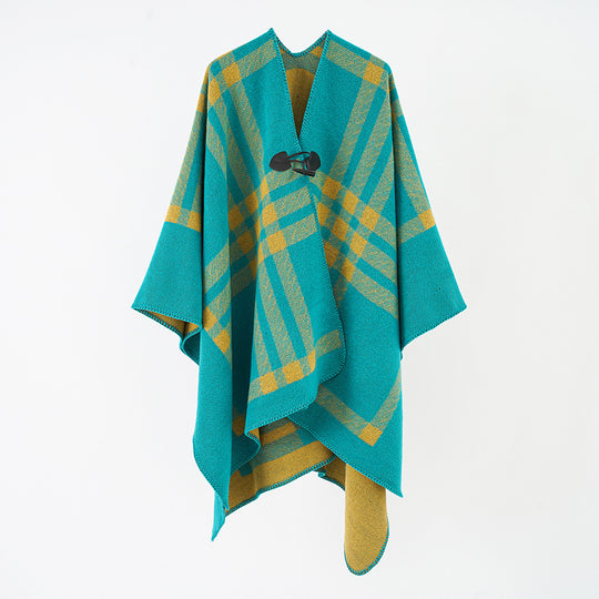 Damen Reversibler Wollmix-Poncho mit Knebelverschluss und Karomuster Shop Nory