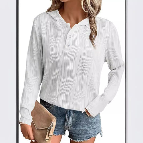 Damen Geripptes Kapuzen-Henleyshirt mit Knopfleiste und leichter Struktur Shop Nory