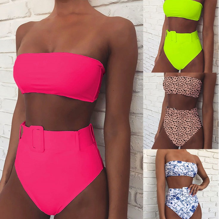 Damen Hoch tailliertes Bandeau-Bikini-Set mit modischem Leopardenmuster