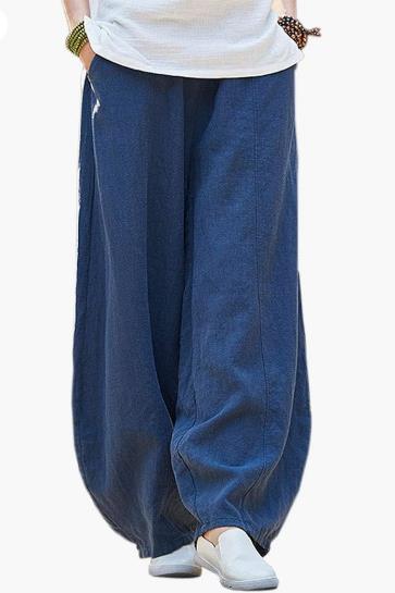 Damen weite Leinenhose mit elastischem Bund und praktischen Taschen