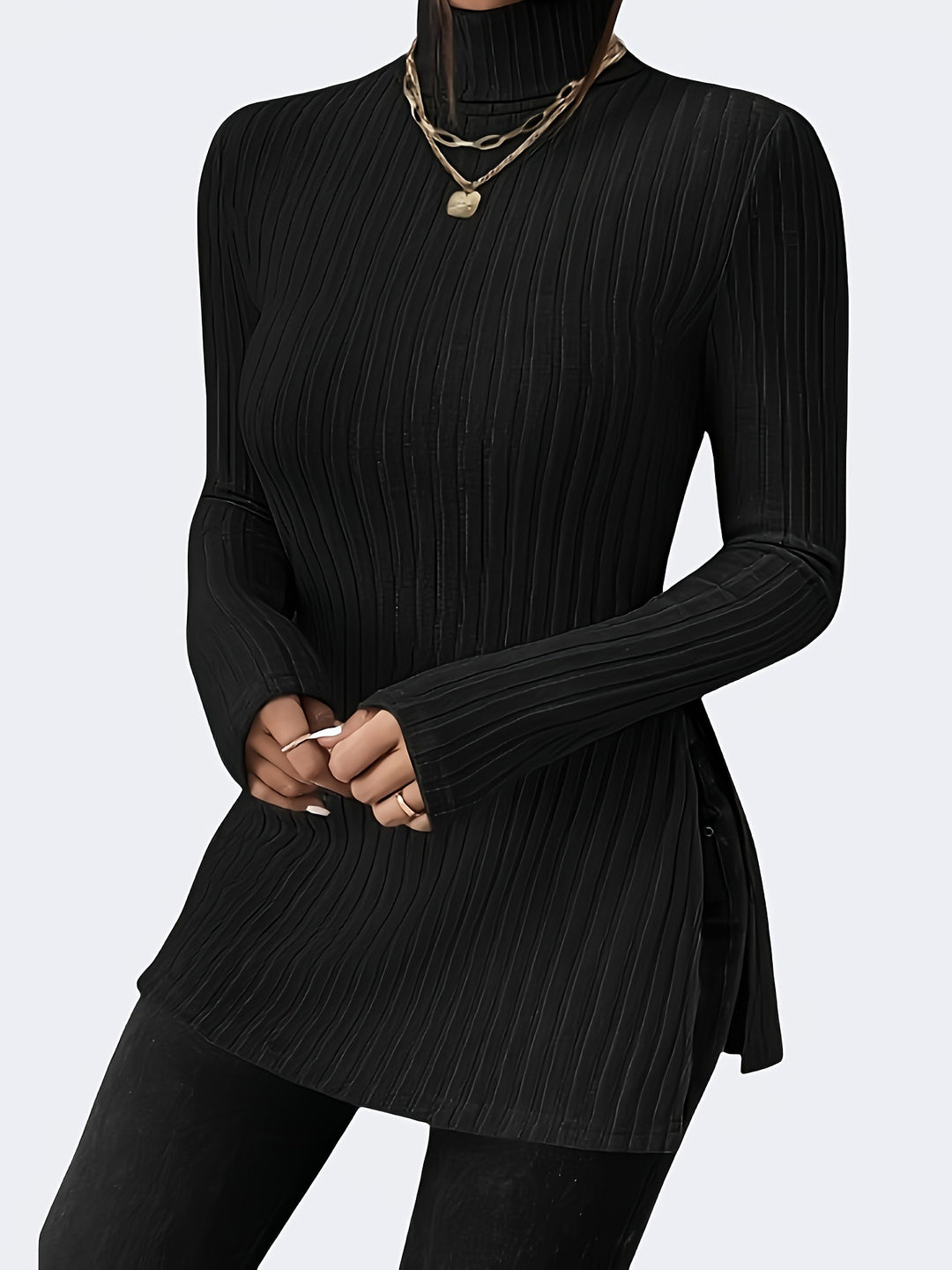 Damen Figurschmeichelnder gerippter Rollkragen-Longpullover mit Seitenschlitzen Shop Nory