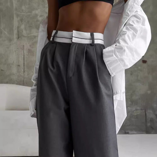 Damen Hochtaillierte weite Bundfaltenhose mit Kontrastbund Shop Nory