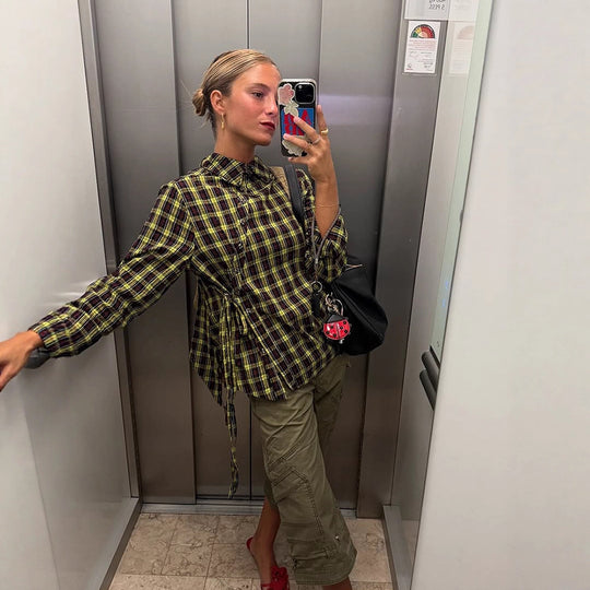 Damen Karierte Hemdbluse mit Tunnelzug‑Taillierung und weitem Schnitt Shop Nory