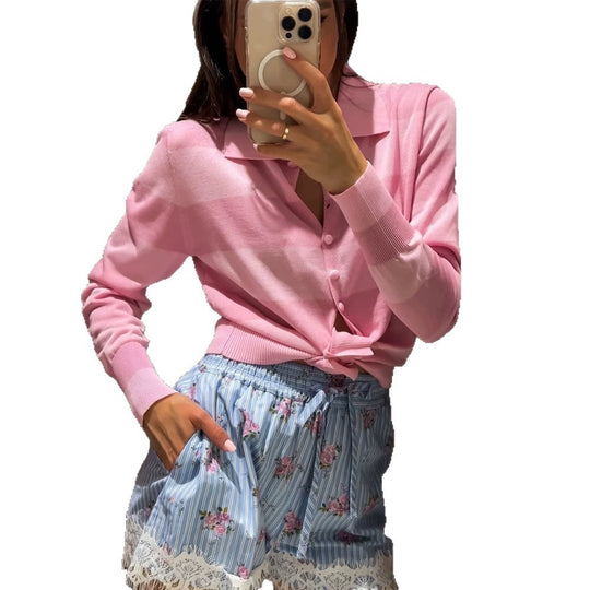 Damen Leichter Kurzcardigan mit Hemdkragen, bezogenen Knöpfen & Knotenbund Shop Nory