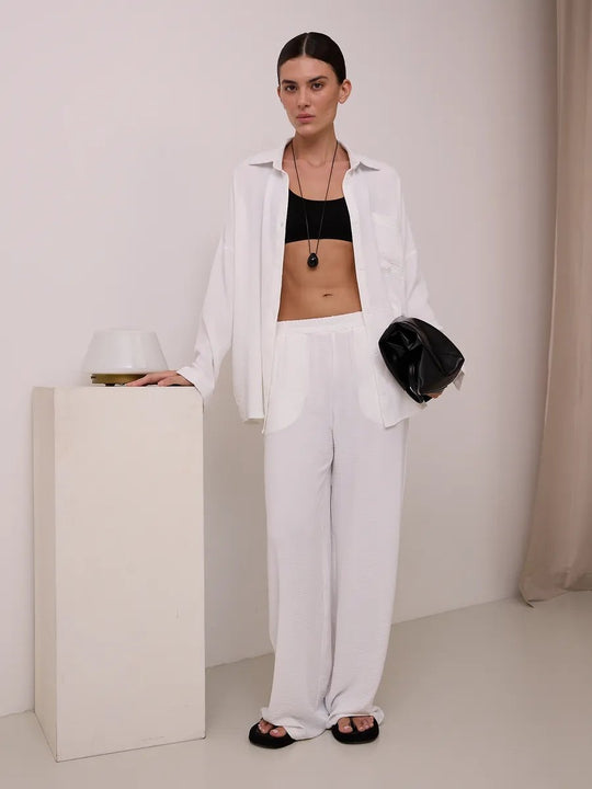 Damen Zweiteiliges Lounge-Set Oversize-Bluse mit Brusttasche und weiter Palazzo-Hose Shop Nory