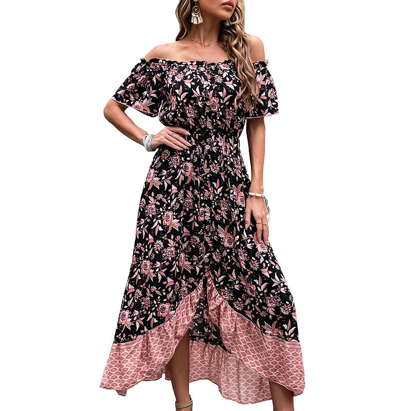 Damen Schulterfreies Boho-Maxikleid mit elastischer Smok-Taille, floralem Patchwork und hohem Seitenschlitz Shop Nory
