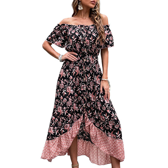 Damen Schulterfreies Boho-Maxikleid mit elastischer Smok-Taille, floralem Patchwork und hohem Seitenschlitz Shop Nory