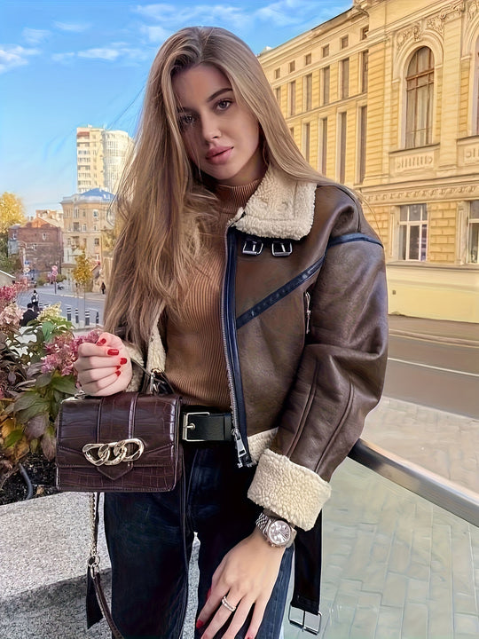 Damen Trendige und stilvolle Lederjacke mit Teddyfutter