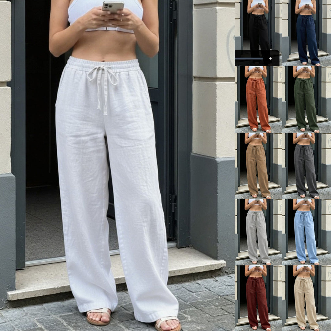 Damen Weite Leinenoptik-Hose mit Gummibund, Tunnelzug und Seitentaschen Shop Nory
