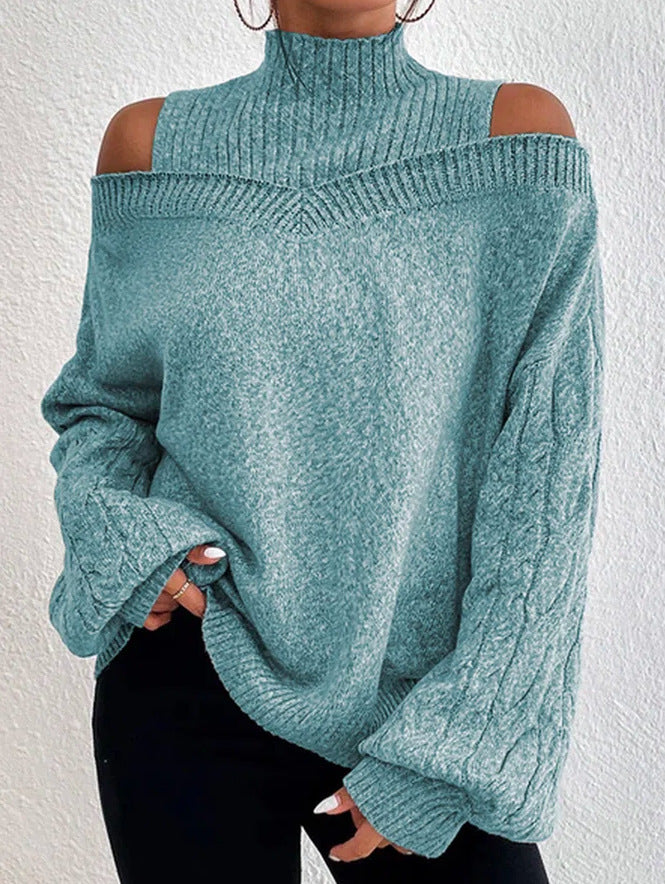 Damen nan schulterfreier Strickpullover mit Stehkragen und Zopfmusterärmeln Shop Nory