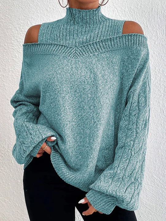 Damen nan schulterfreier Strickpullover mit Stehkragen und Zopfmusterärmeln Shop Nory