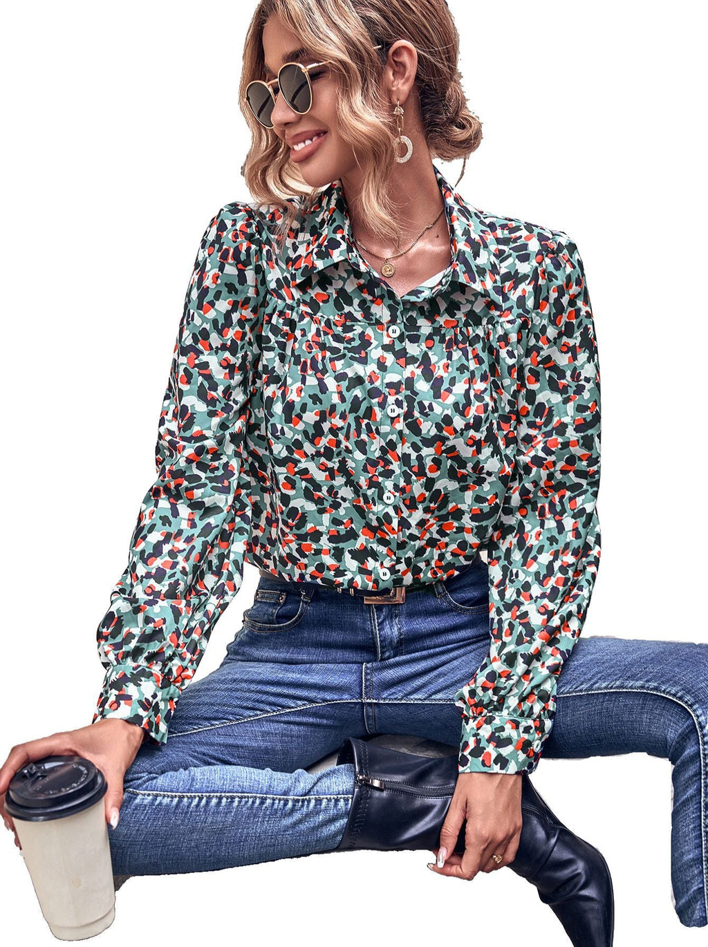 Damen Bluse mit floralem Muster und Puffärmeln Shopnory