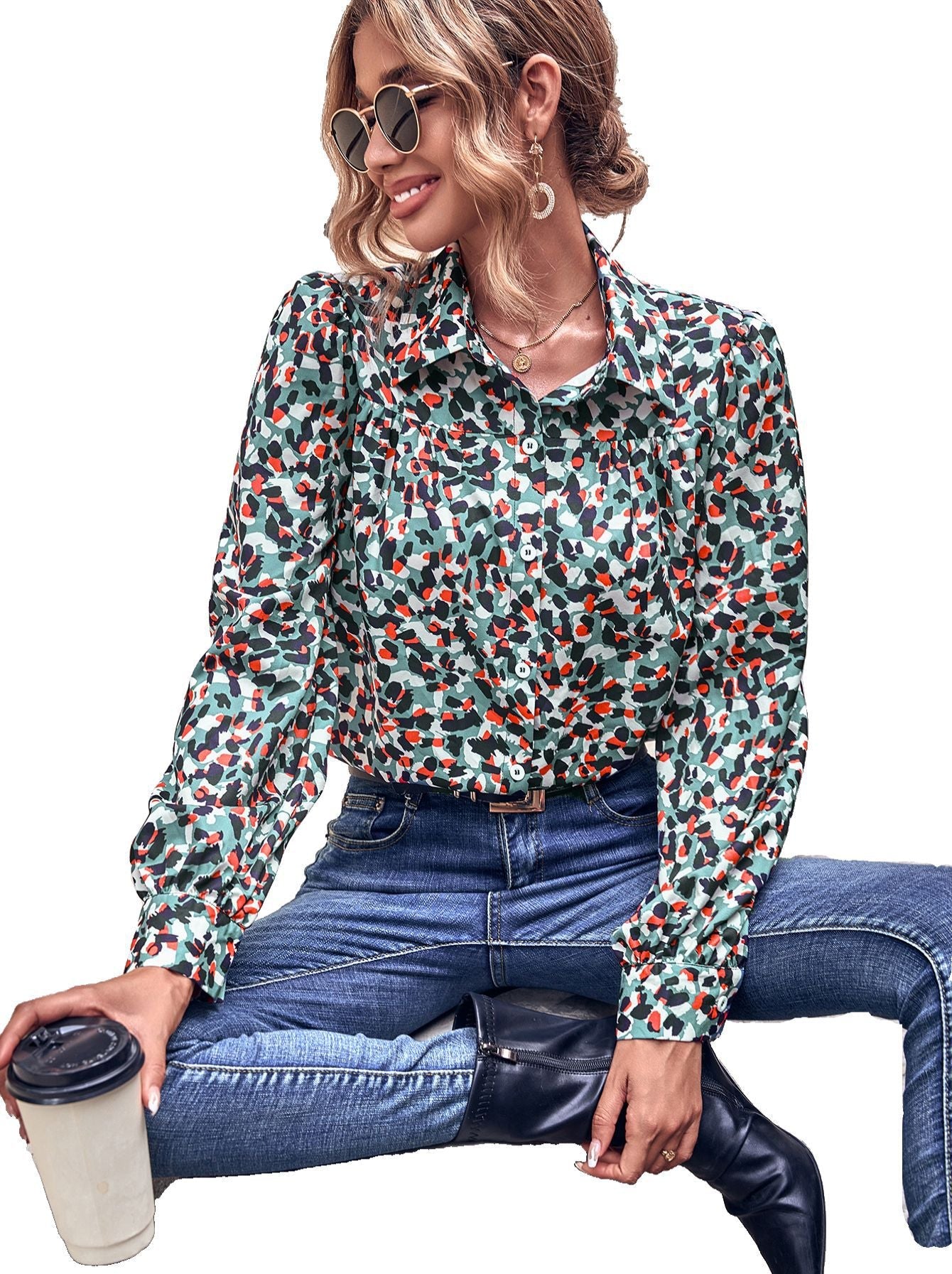 Damen Bluse mit floralem Muster und Puffärmeln Shopnory