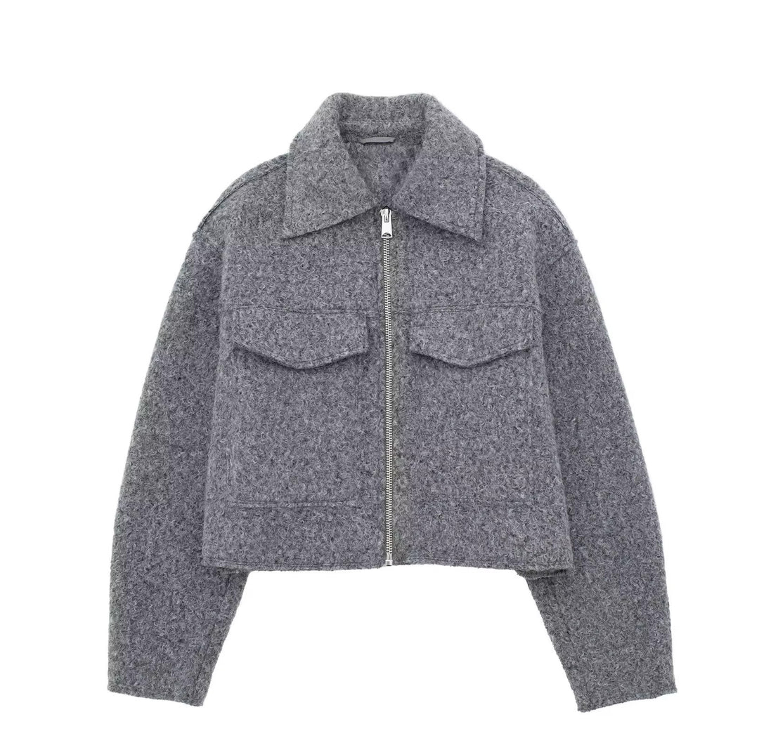 Damen Kurzgeschnittene Sherpa-Jacke mit Reißverschluss und aufgesetzten Pattentaschen Shop Nory