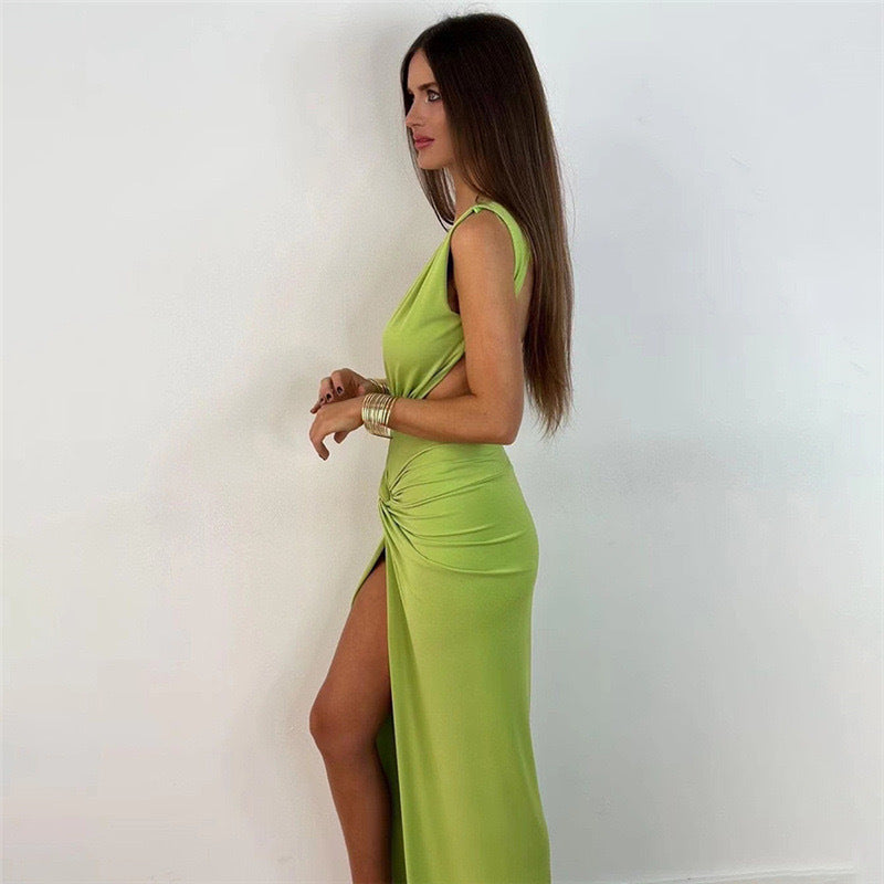 Damen Lange Maxikleid mit tiefem V-Ausschnitt und seitlicher Drapierung