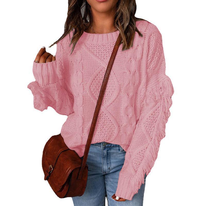 Damen Grobstrick-Pullover mit Zopfstruktur, fransigen Ärmeln und legerer Oversize-Passform Shop Nory