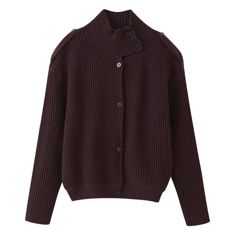 Damen Gerippter Strickcardigan mit Stehkragen und Schulterknopf-Detail Shop Nory