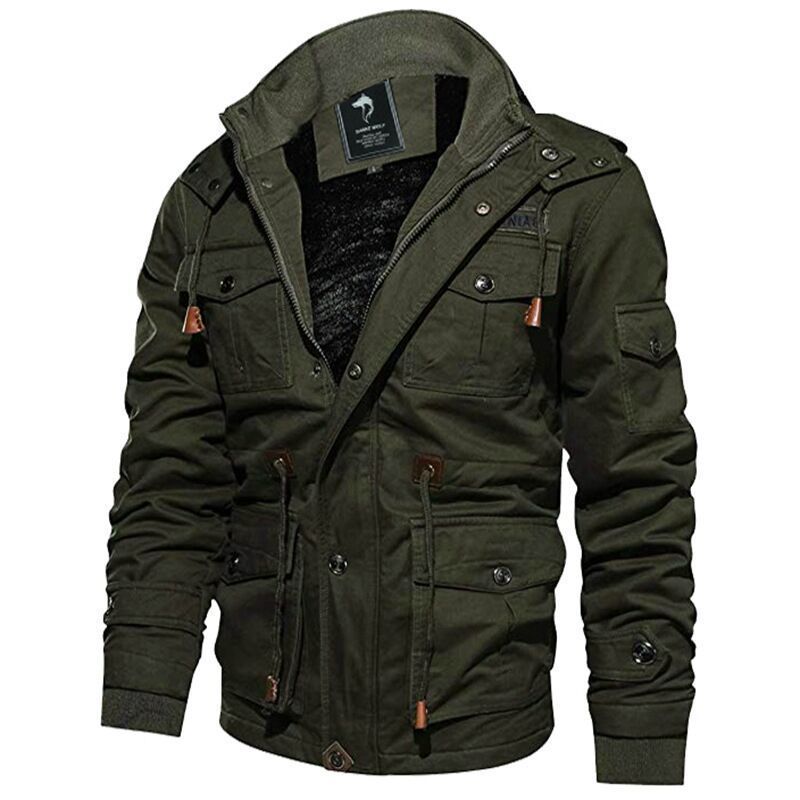 Herren Militärinspirierte Canvas-Fieldjacke mit Kapuze, Kordzug‑Taille und Fleece‑Innenfutter Shop Nory