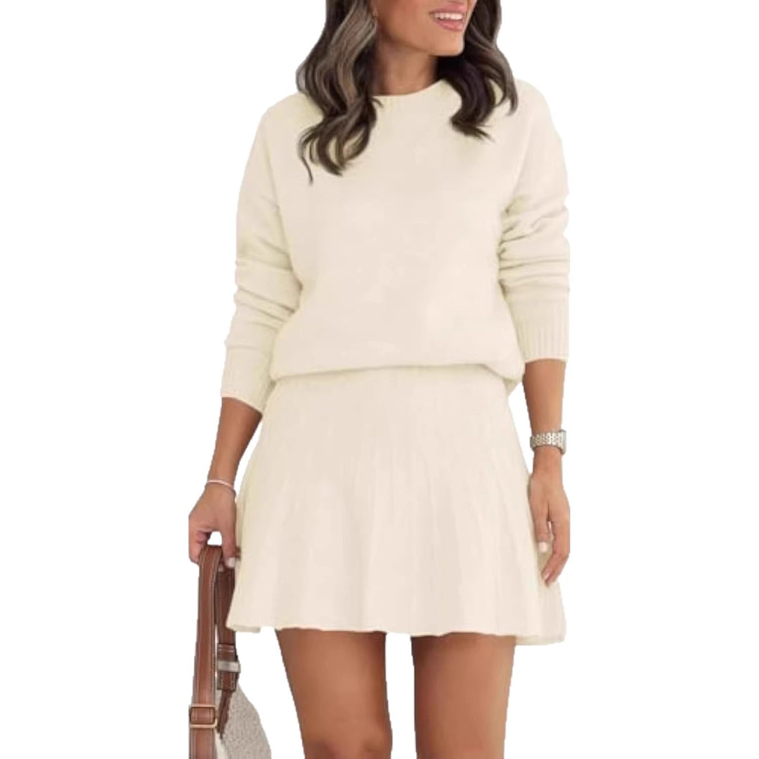 Damen Zweiteiliges Strick-Set mit Rundhals-Pullover und Plissée-Minirock Shop Nory