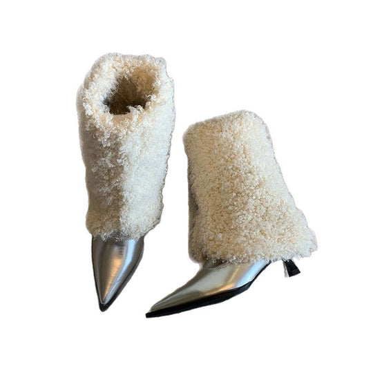 Damen Flauschige Schaftstiefel mit spitzer Lackkappe und Teddy-Finish Shop Nory