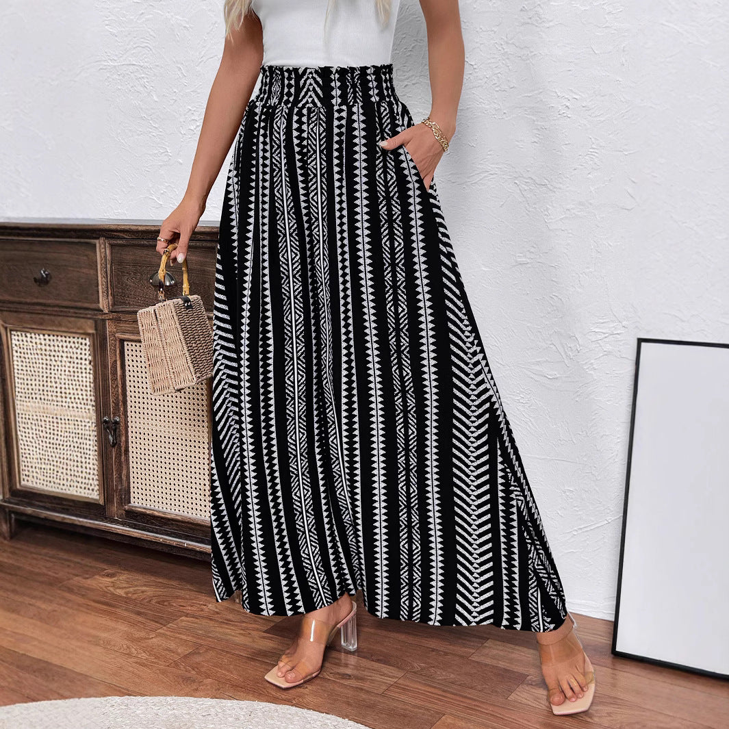 Damen Weite Palazzo-Hose mit hohem Smockbund, Seitentaschen & grafischem Streifenmuster Shop Nory
