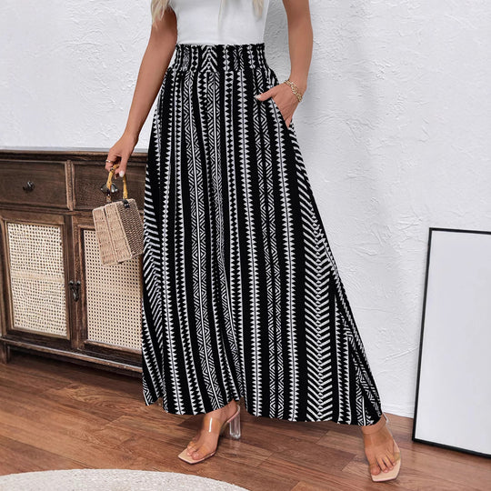 Damen Weite Palazzo-Hose mit hohem Smockbund, Seitentaschen & grafischem Streifenmuster Shop Nory