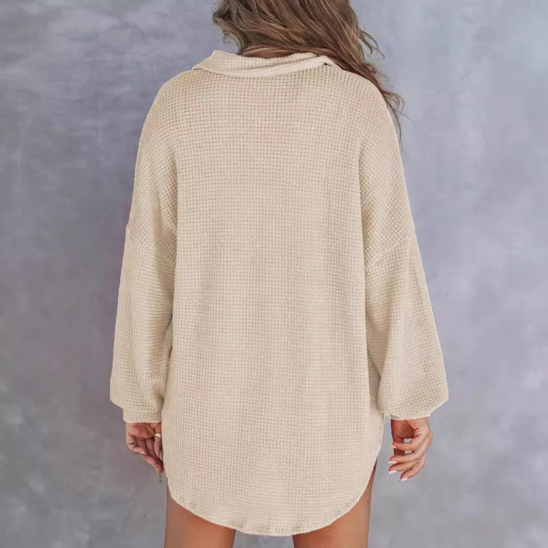 Damen Oversize Waffelstrick-Hemdbluse mit Kentkragen, Brusttasche und gerundetem Saum Shop Nory