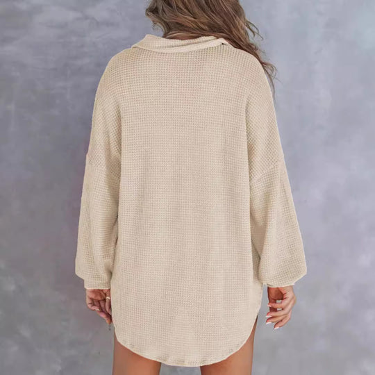 Damen Oversize Waffelstrick-Hemdbluse mit Kentkragen, Brusttasche und gerundetem Saum Shop Nory
