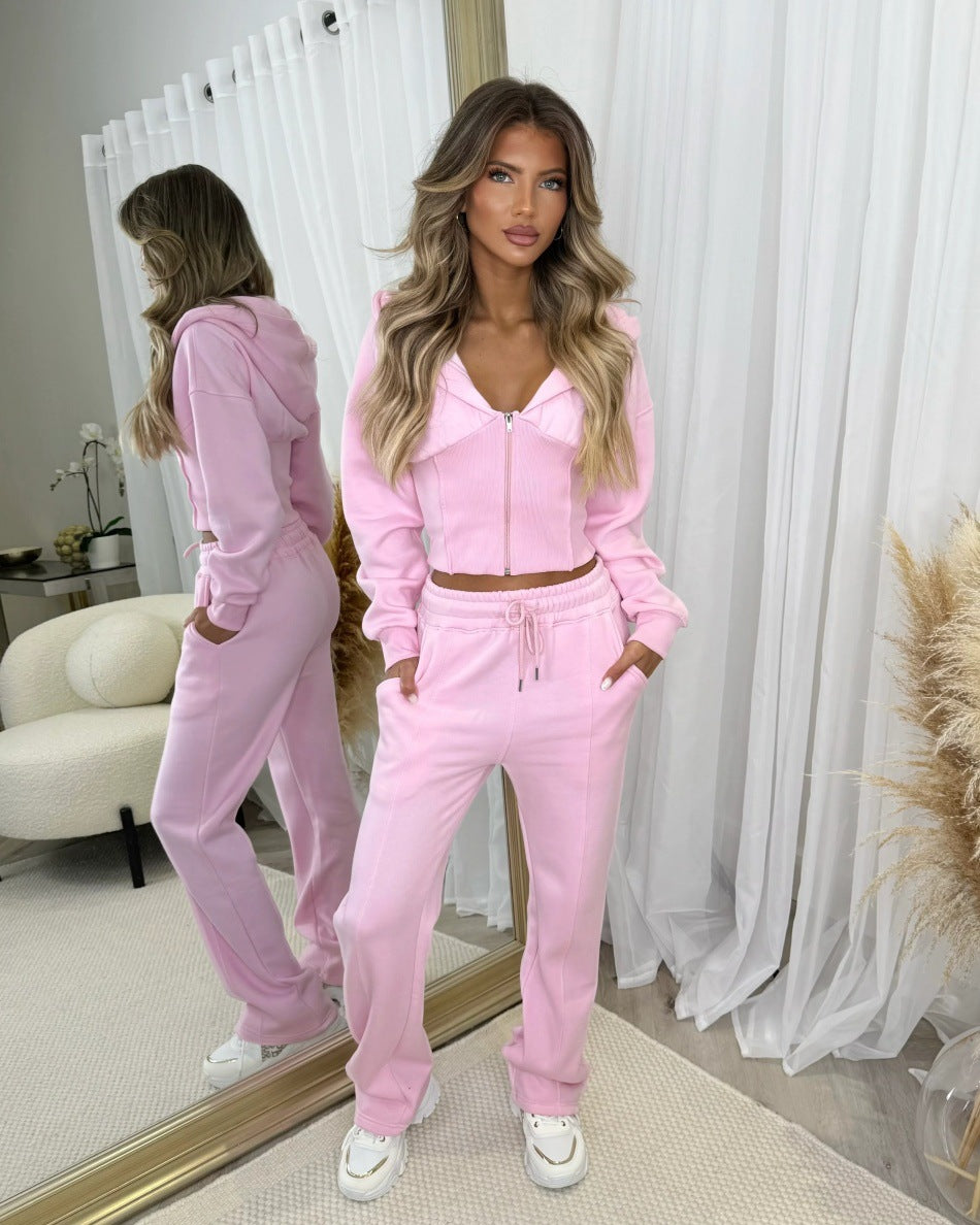 Damen Zweiteiler aus Sweat mit Cropped Kapuzenjacke und High-Waist Jogginghose Shop Nory