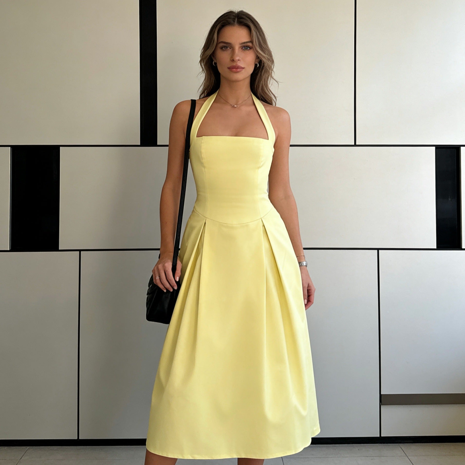 Damen Elegantes Midikleid mit tiefem V-Ausschnitt und stilvollem Faltenrock