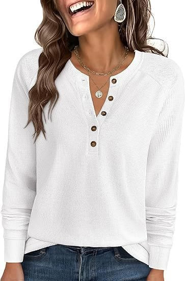 Damen Waffelstrick-Henley-Longsleeve mit Knopfleiste, Raglanärmeln und gerippten Bündchen Shop Nory